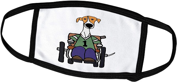 Greyhound dog in wheelchair face mask.