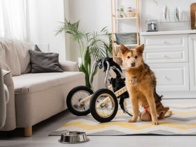 A Disabled dog next to a dog wheelchair in a living room with a dog bowl next to him.