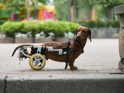 Dachshund dog in a dog wheelchair